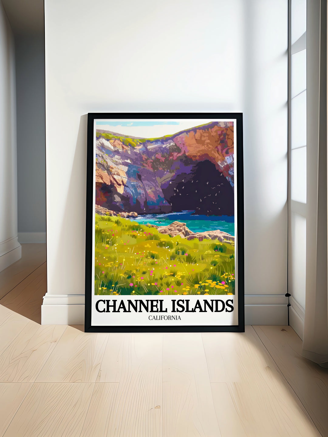 Vintage travel print featuring Santa Rosa Island, Torrey Pines groves and the stunning landscapes of Channel Islands National Park perfect for home decor and National Park enthusiasts who appreciate natural beauty and adventure.