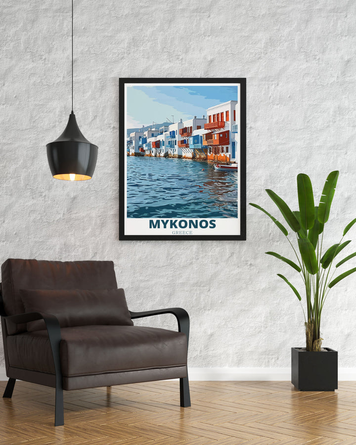 Explore Little Venice with our Mykonos wall art featuring the iconic architecture and serene beaches of Greece a perfect addition to any living room or bedroom