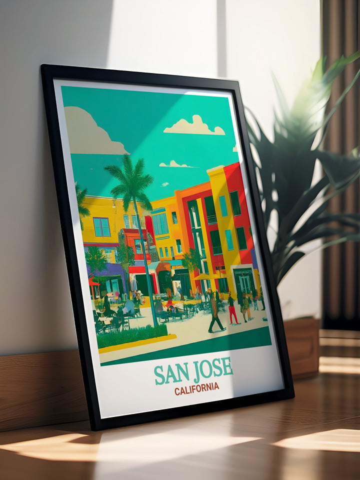 Santana Row in San Jose captured in a vibrant poster print, showcasing the stylish urban village known for its luxury shopping, dining, and entertainment. Perfect for adding a touch of Californias sophisticated lifestyle to your decor.