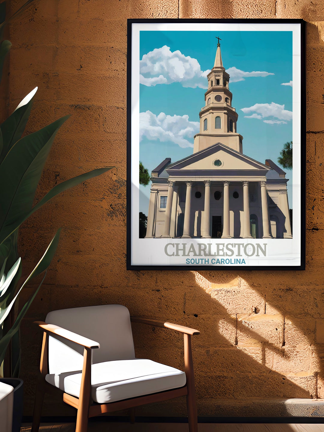 St. Michaels Church artwork in a modern art print capturing the vibrant city color palette and architectural beauty of Charlestons historic district perfect for travel enthusiasts and art collectors