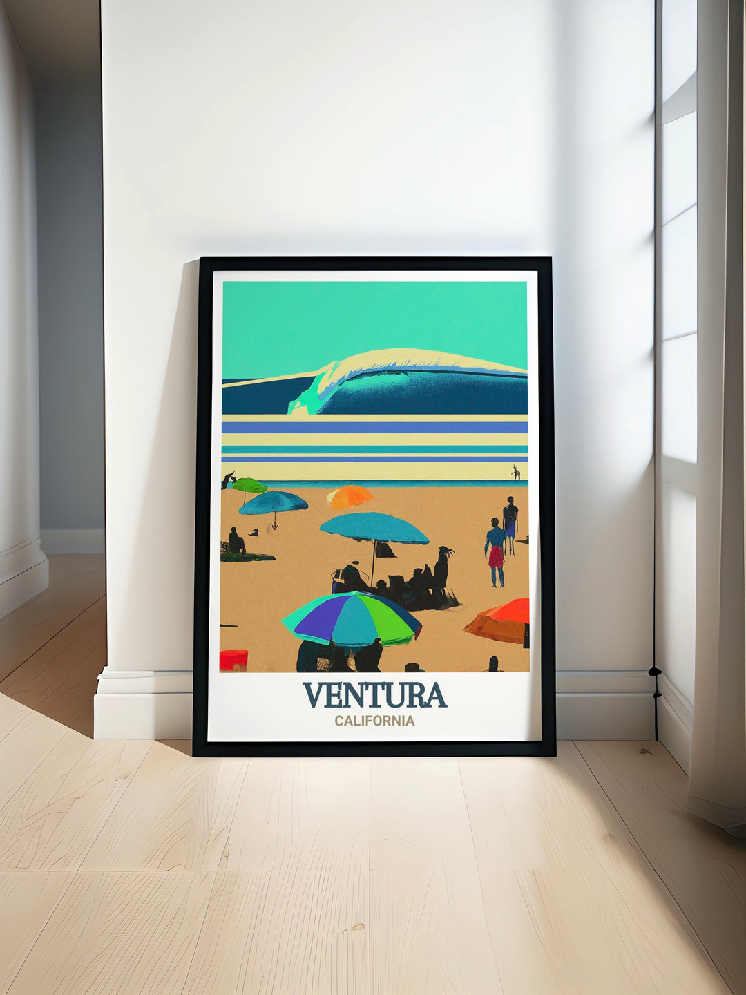 A timeless matted print of Surfers Point at Seaside Park, capturing the iconic surf scene of Ventura, California. The black and white fine line design adds a touch of sophistication, while the Ventura County street map provides a connection to the locations unique coastal culture. Perfect for home decor or as a thoughtful gift.