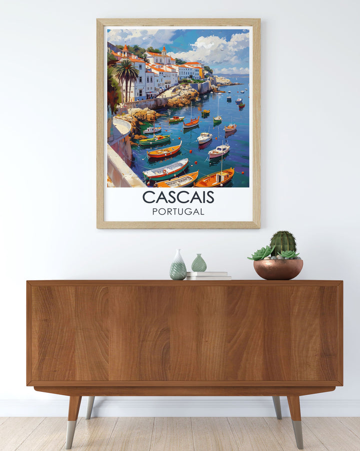 This vibrant travel poster features the stunning coastline of Cascais, capturing its dramatic cliffs and serene beaches. Add a piece of Portugals natural beauty to your home with this captivating print.