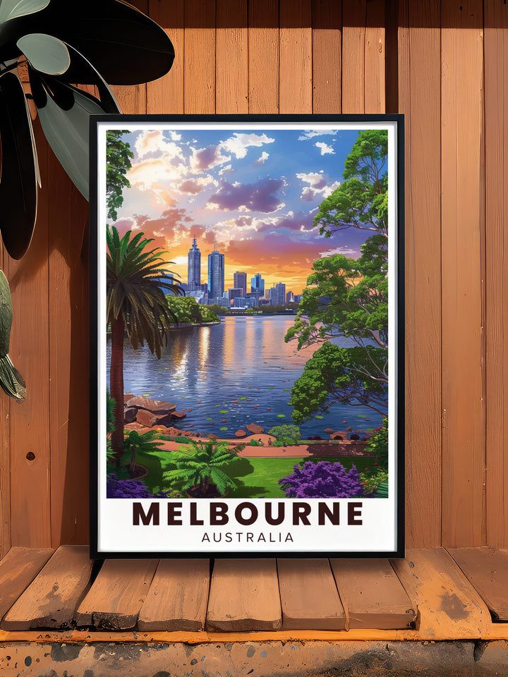 Our Melbourne Poster Print highlights the calm of the Royal Botanic Gardens while showcasing Melbournes vibrant city life. A great piece for those who appreciate the balance of urban landscapes and natural beauty.