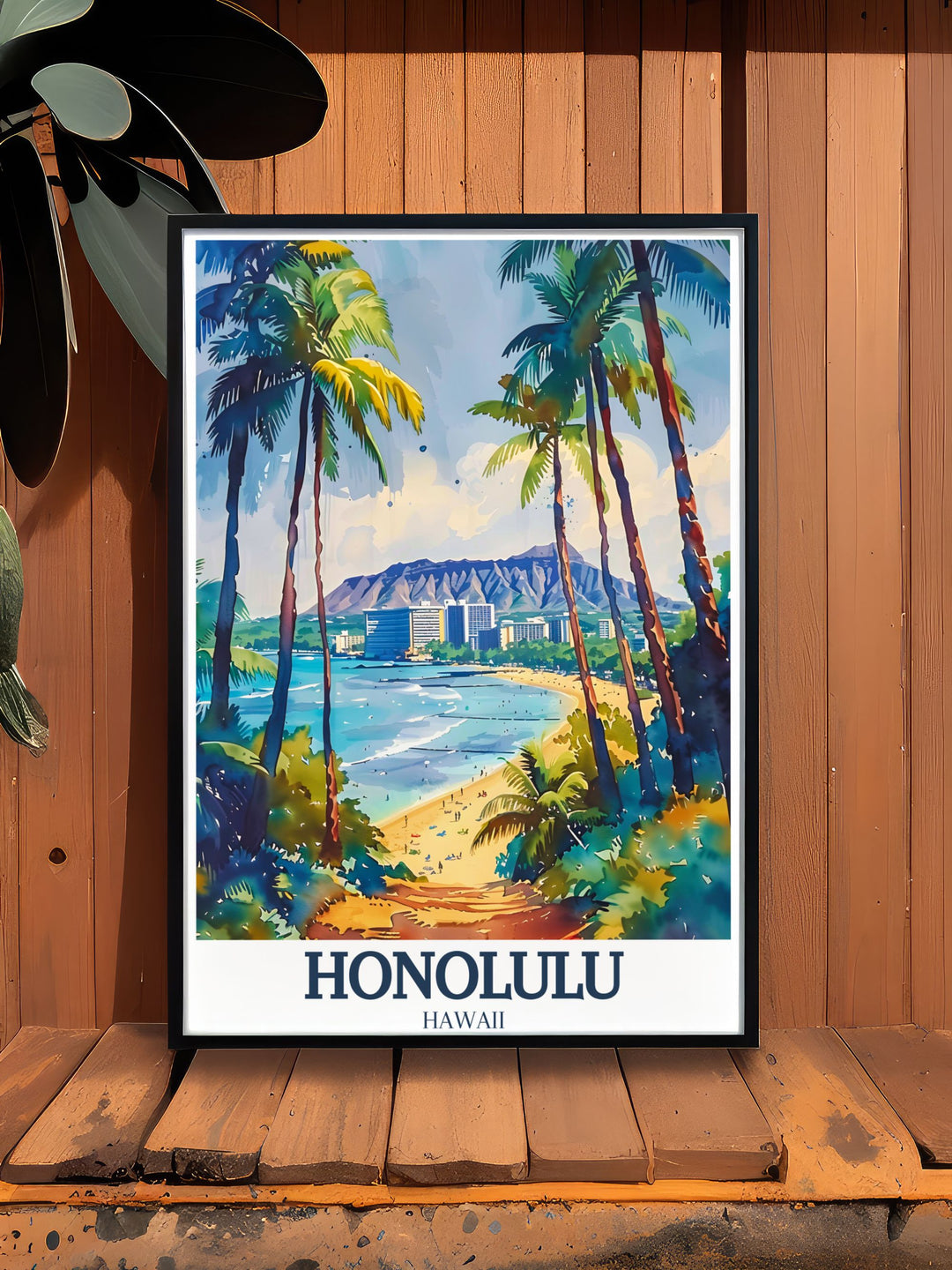 Fine art print of Waikiki Beach in Honolulu, Hawaii, capturing the beachs lively atmosphere, crystal clear waters, and picturesque surroundings. This artwork offers a beautiful depiction of one of Hawaiis most beloved destinations.