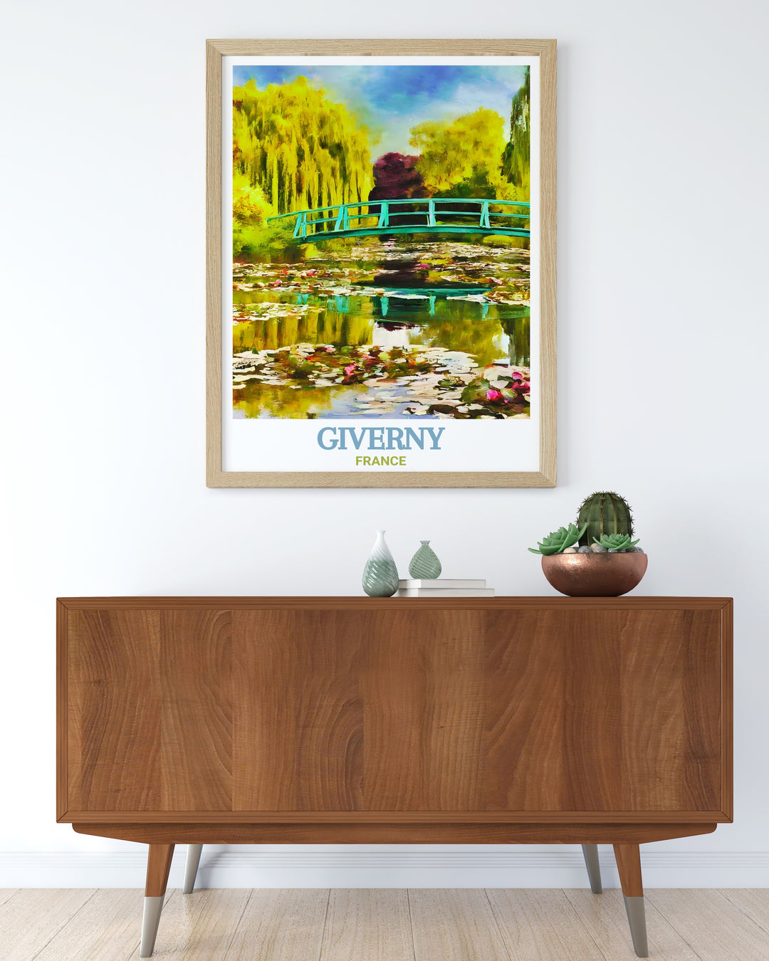 Our Giverny wall art showcases the peaceful serenity of the Water Lily Pond and Japanese Bridge, one of Frances most beloved artistic landmarks. This beautiful France art print is ideal for adding a touch of elegance and nature to your home.