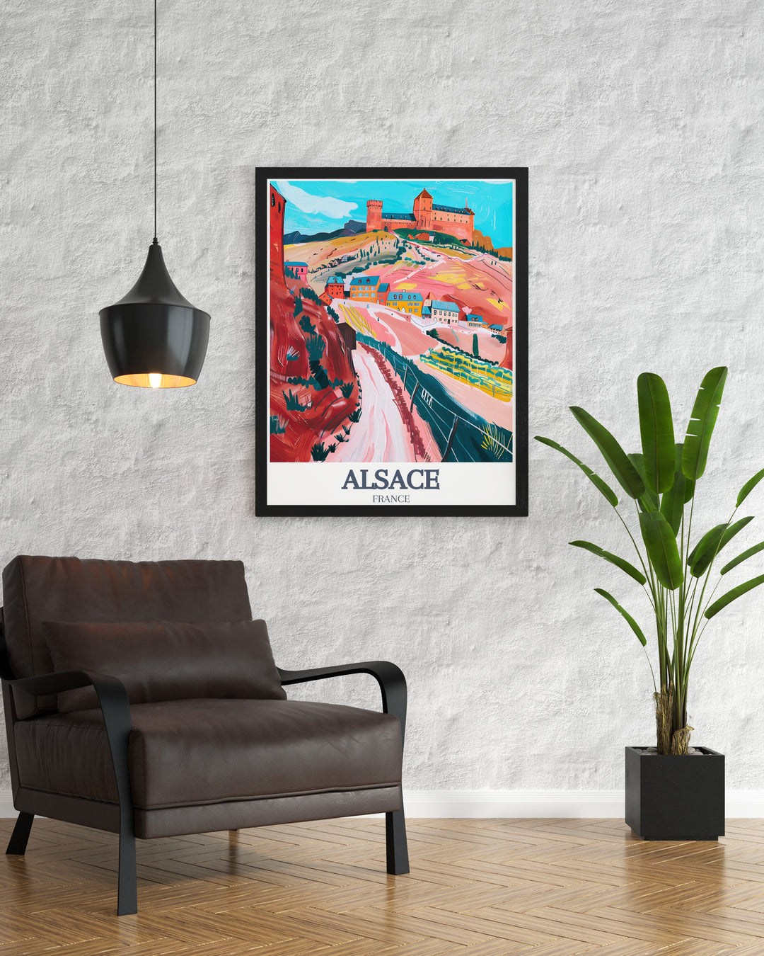 Timeless Alsace Travel Decor featuring Chateau du Haut Koenigsbourg and the famous Alsace Wine Route. This Alsace France Poster makes a perfect gift for travel lovers, showcasing one of Frances most scenic regions in an elegant and artistic way.