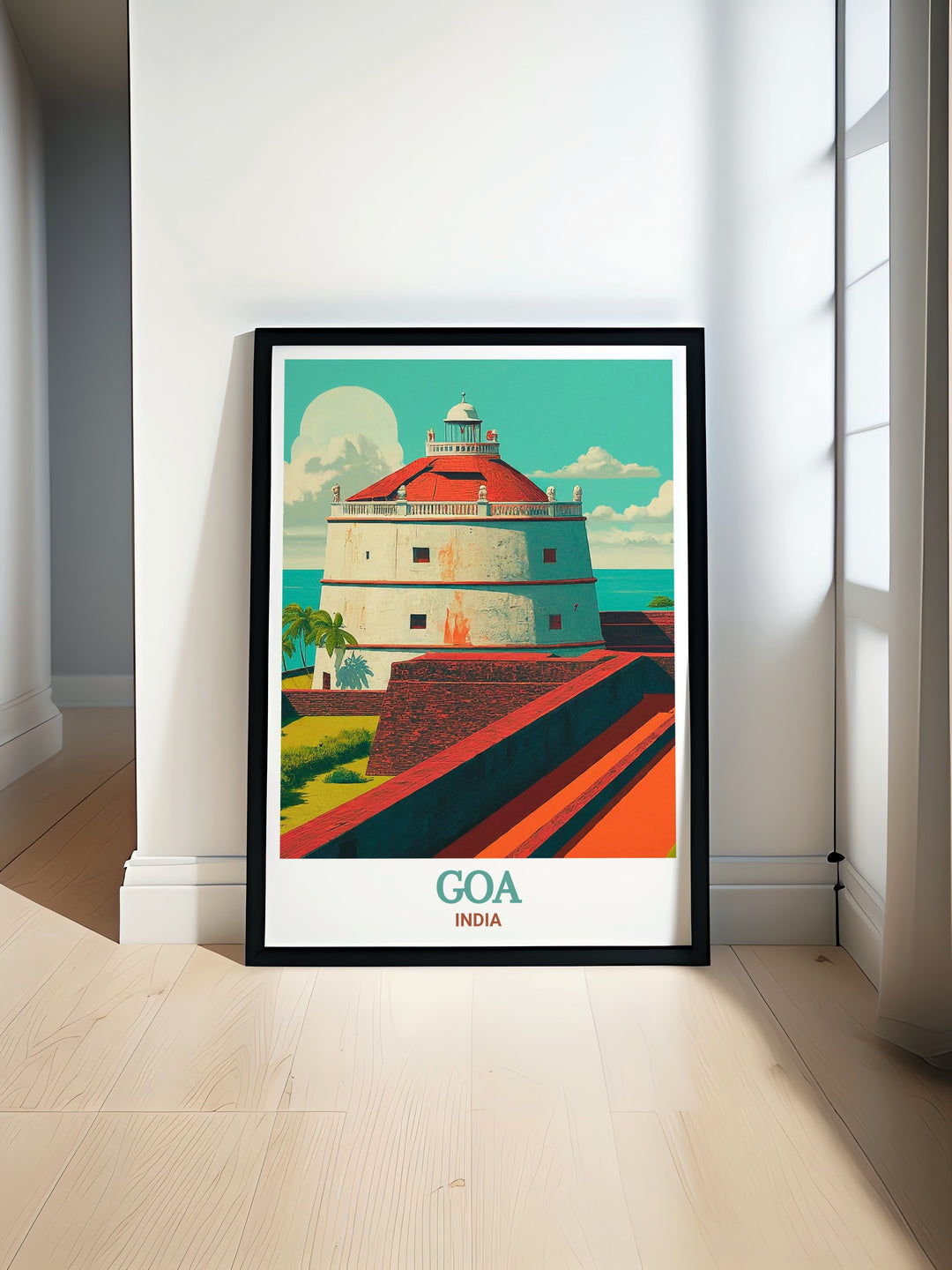 A detailed India travel print showcasing Fort Aguada in Goa, known for its significant role in protecting the region during the Portuguese colonial era. This print brings the grandeur and historical importance of one of Goas most iconic landmarks into your living space, ideal for those who appreciate cultural heritage.