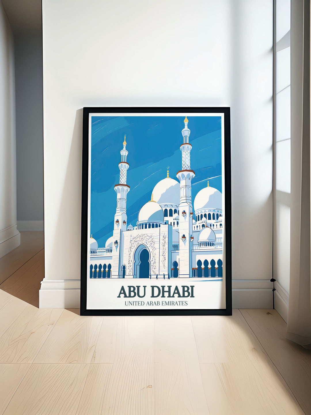 Stunning art print featuring the Sheikh Zayed Grand Mosque, Al Rawdah in Abu Dhabi. This Emirates poster captures the mosques architectural brilliance, adding elegance to any space. Ideal for fans of Abu Dhabi art and United Emirates decor.