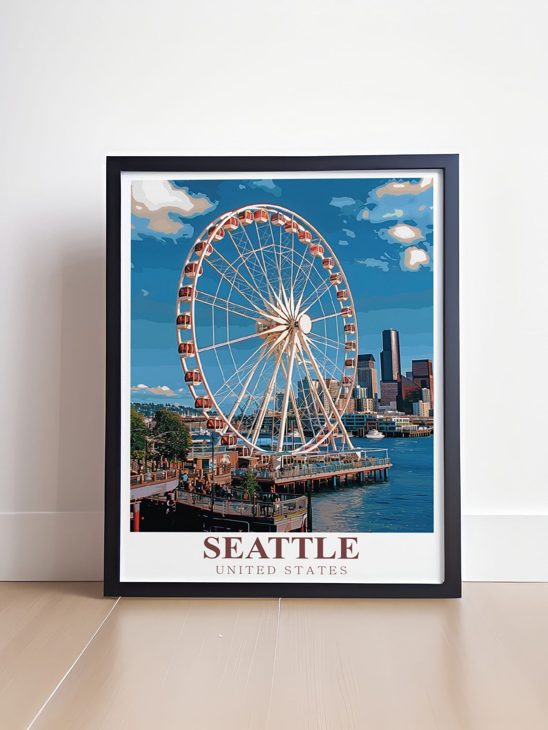 Seattle Poster featuring Great Wheel Modern Art and iconic skyline. A striking piece of home decor that highlights the Great Wheel and urban landscape of Seattle.