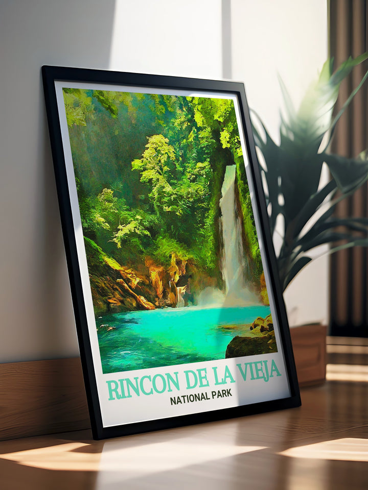 Rincon De La Vieja and La Cangreja Waterfall are brought together in this exquisite Costa Rica wall art a perfect addition to any room where you want to bring a bit of the natural world inside ideal for gifts or as a statement piece in your home decor.