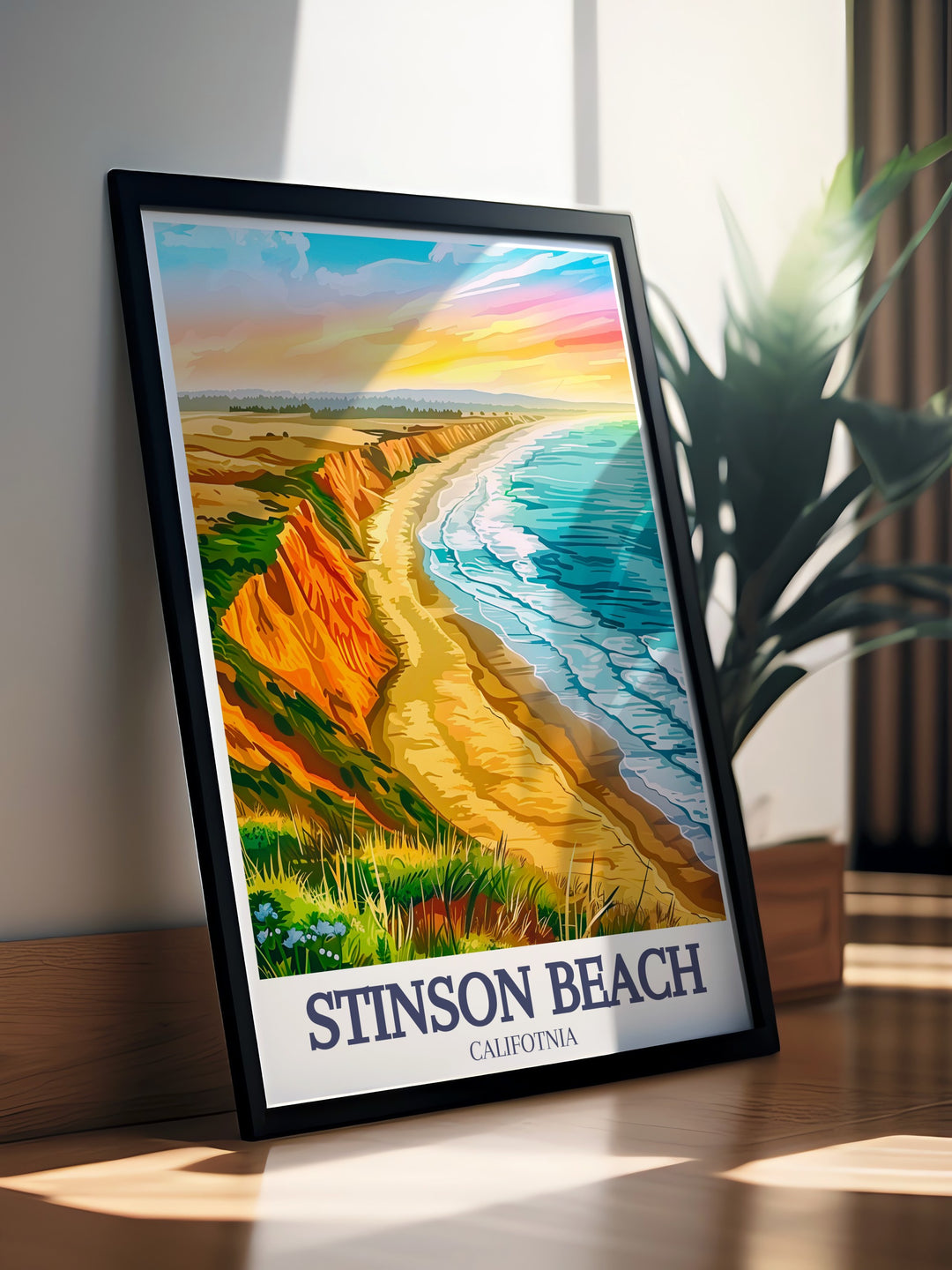 This travel poster of Marin Countys coastal beauty features Stinson Beach and the vast Pacific Ocean. The artwork brings the serene colors and natural splendor of Californias coastline into your home, making it ideal for lovers of ocean art and beach wall decor.