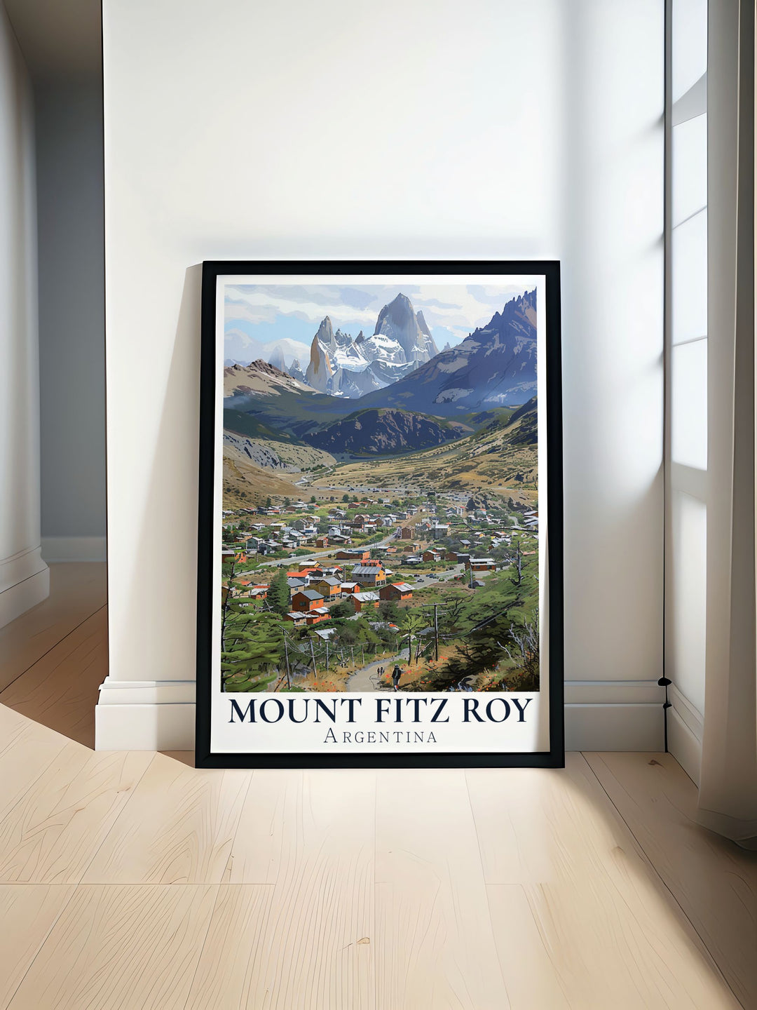 Beautiful Mt Fitz Roy and El Chalten Poster showcasing the majestic peaks of Patagonia perfect for modern decor and elegant home settings vibrant colors and intricate details bring the beauty of South America into your living space