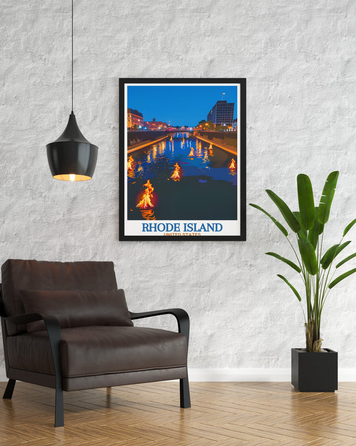 Detailed poster print of Rhode Islands WaterFire event, featuring the mesmerizing flames reflecting off the rivers of Providence. This artwork captures the essence of the cultural festival, offering a perfect gift for art lovers and a stylish addition to any home or office décor.