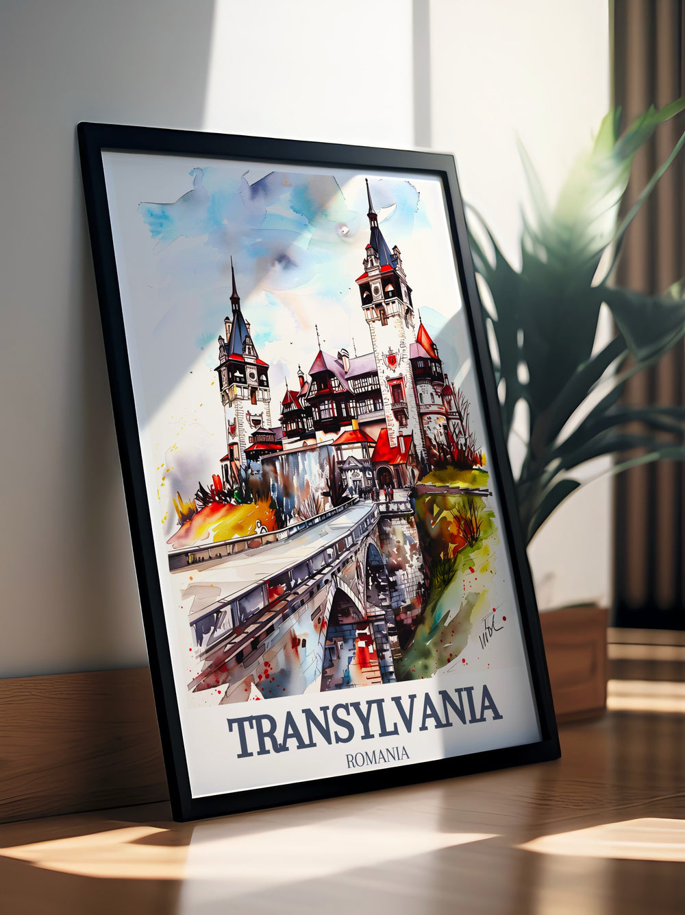 Corvin Castle in Hunedoara is beautifully depicted in this Transylvania travel poster, offering a stunning view of Romanias Gothic heritage. Perfect for anyone who admires medieval architecture and legends, this framed print brings Romanias history into your home.