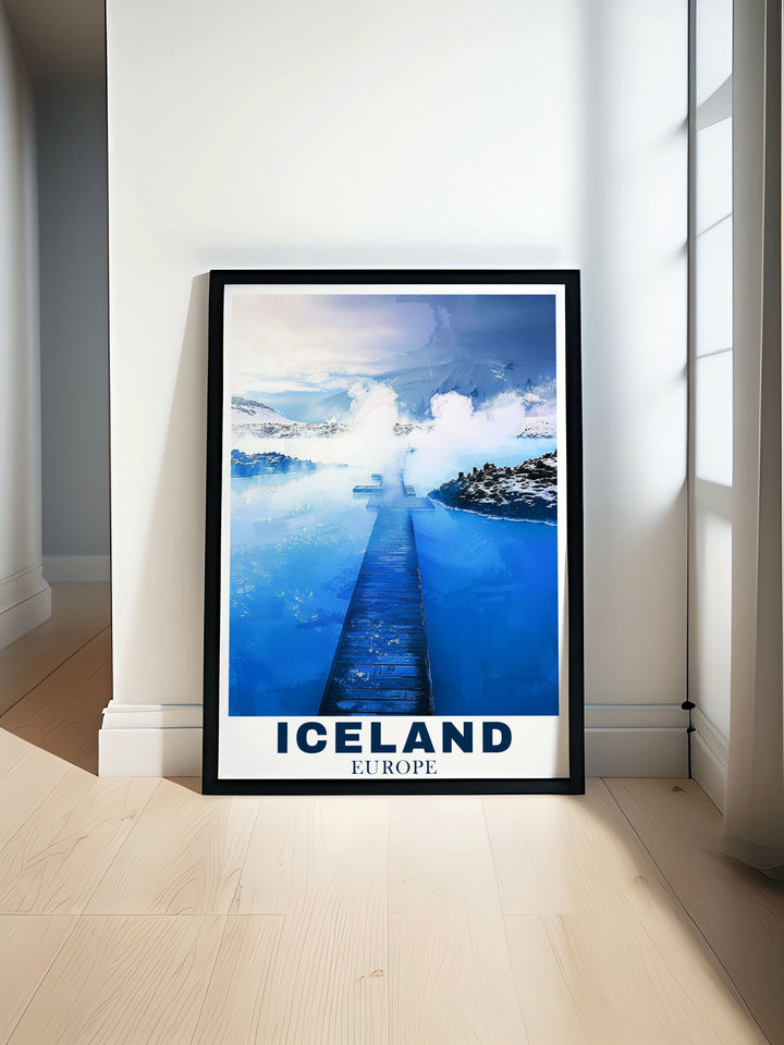 A breathtaking view of the Blue Lagoon in Iceland, with its milky blue waters surrounded by rugged lava fields, captured in a stunning travel poster.