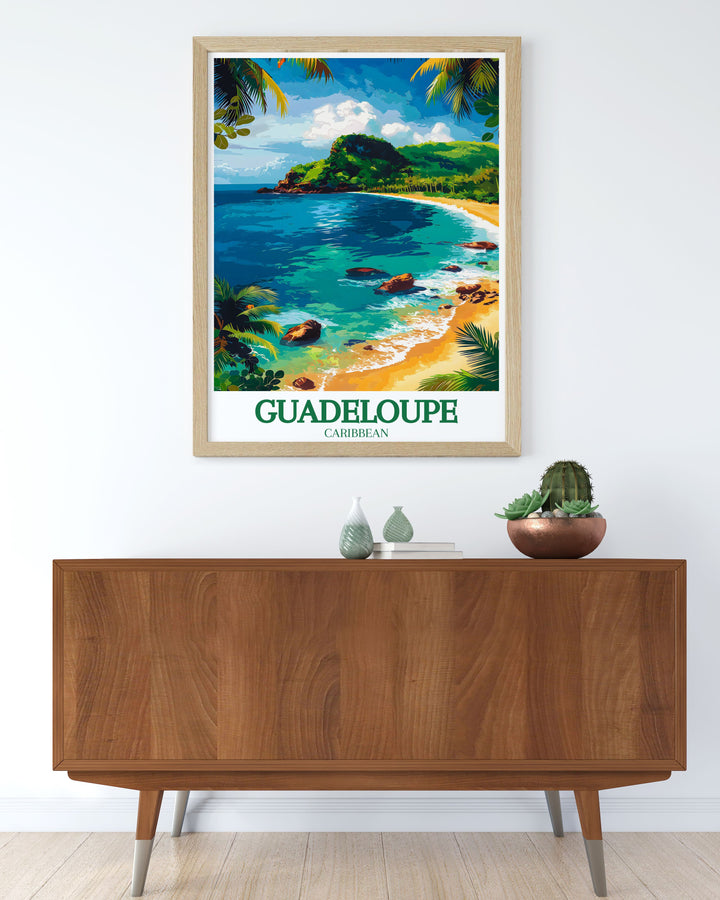 This detailed art print celebrates the rich history of Guadeloupe, highlighting cultural landmarks and historical sites. Perfect for history buffs, this poster offers a glimpse into the fascinating heritage of this Caribbean paradise.