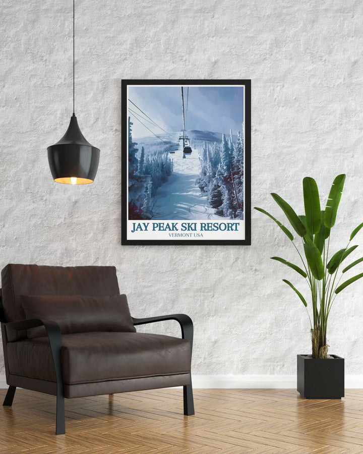 Highlighting the indoor water park and year round activities, this Jay Peak Ski Resort poster is perfect for adding a touch of adventure to any room.