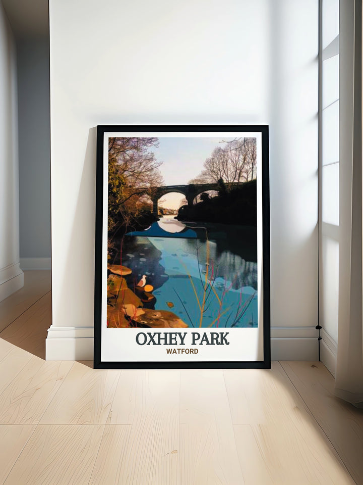 River Colne Modern Prints capture the serene flow of the river through Oxhey Park Watford offering a peaceful addition to any living space ideal for nature lovers who appreciate stunning artwork and timeless Hertfordshire landscapes.