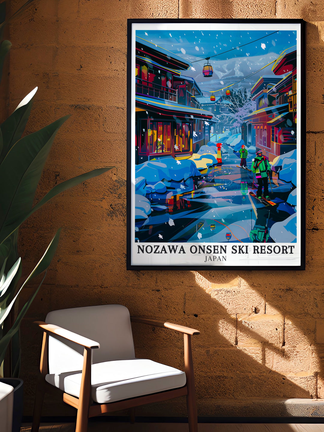 Nozawa Onsen Travel Poster captures the panoramic views of the Japanese Alps, with snow covered peaks and the quaint village below. This poster is ideal for anyone who loves the beauty and adventure that Nozawa Onsen has to offer.