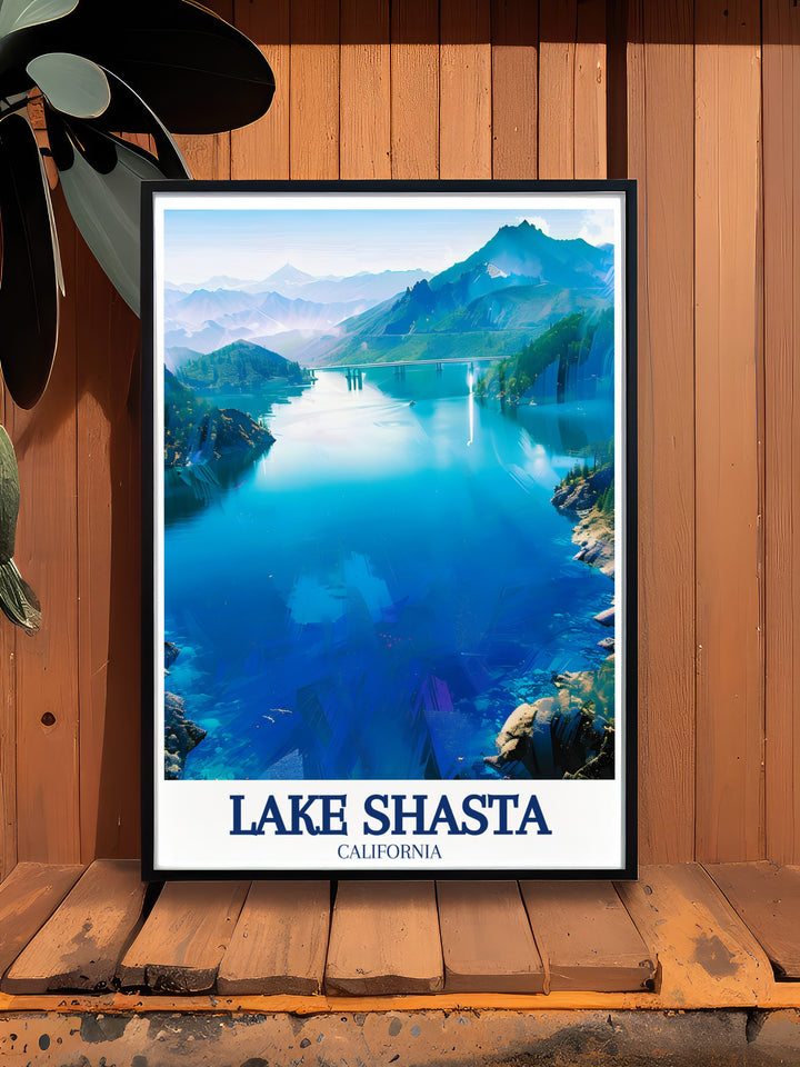 A framed art print of Shasta Lake, depicting the calm waters and surrounding forested mountains. This vintage inspired poster brings the nostalgia of Californias outdoor adventures and is a great way to celebrate the natural beauty of the Shasta Cascade region.