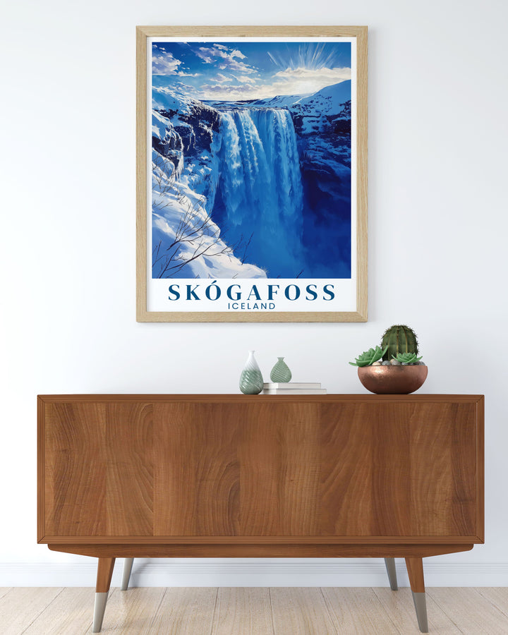 Skogafoss waterfall Winter framed print showcasing the stunning waterfall in vibrant detail an ideal gift for travel lovers and nature enthusiasts looking to enhance their home decor.