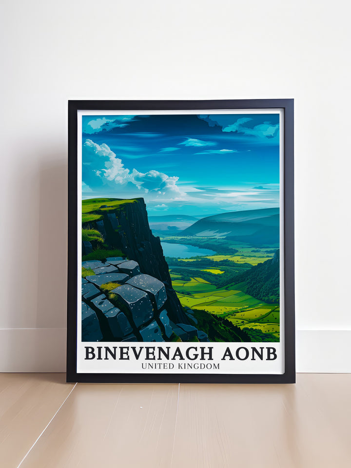 Vintage travel print of Binevenagh National Landscape Antrim basalt plateau featuring the breathtaking scenery of Northern Irelands County Londonderry perfect for enhancing your art collection with a piece of Northern Irelands natural beauty