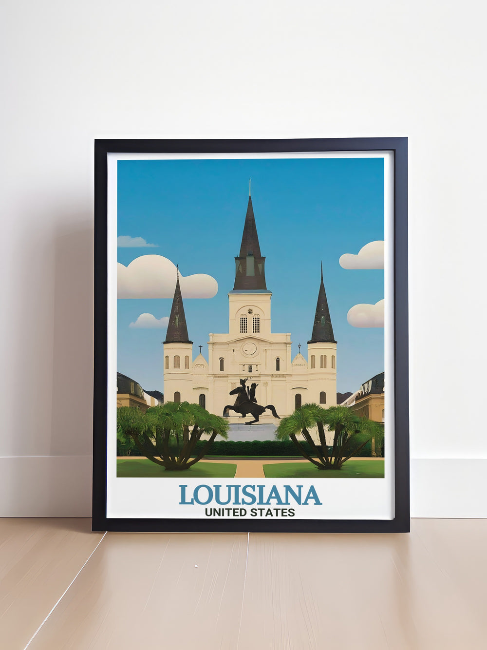 A beautifully detailed poster print featuring Louisianas famous St. Louis Cathedral in New Orleans. This artwork captures the stunning architecture of the historic cathedral set against the vibrant backdrop of the French Quarter, making it a perfect piece for lovers of Louisiana and travel enthusiasts alike.