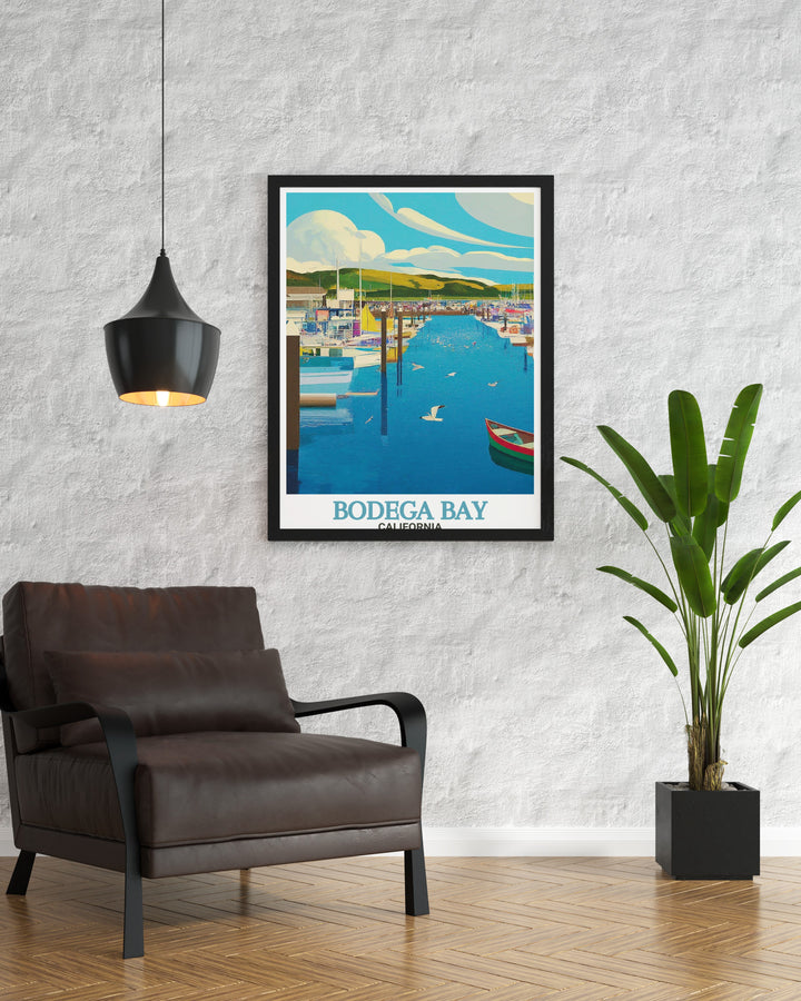 Bodega Bay painting capturing the lively and scenic Bodega Bay Marina. A beautiful addition to any home decor, perfect for those who enjoy California travel and beach art.