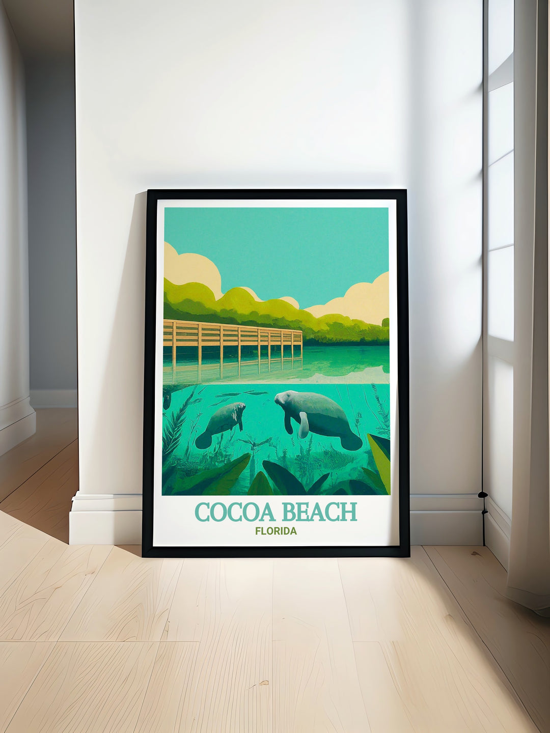 Poster print of Cocoa Beach, highlighting the picturesque Manatee Sanctuary Park. This artwork captures the essence of Floridas coastal charm, making it a great addition to any collection of travel inspired decor, offering a daily reminder of the beauty of Cocoa Beach.