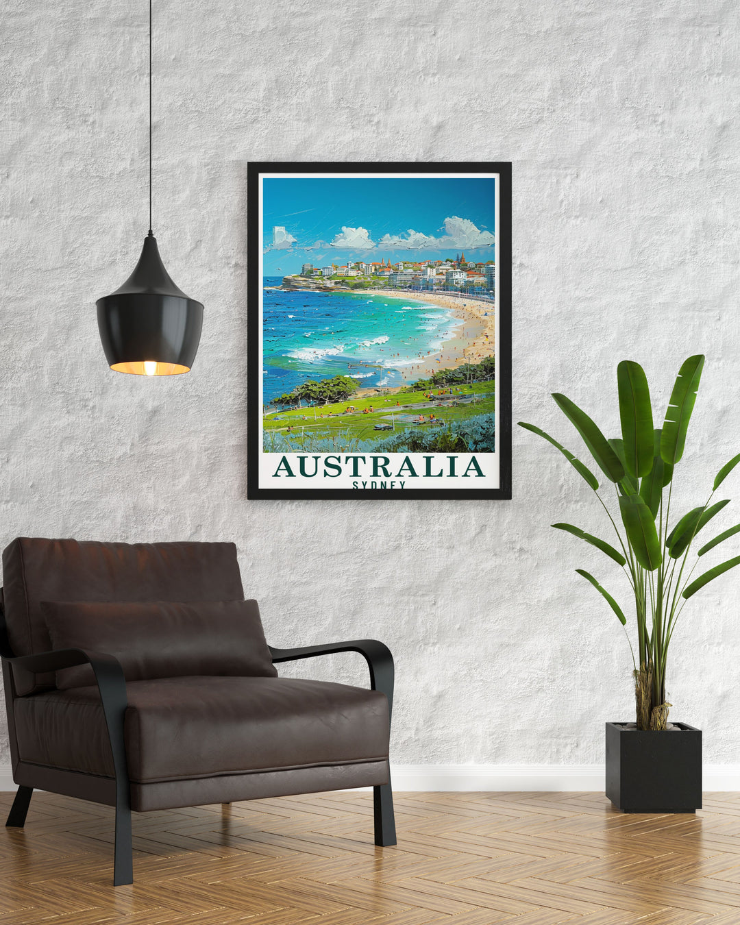 Experience the vibrant atmosphere of Bondi Beach with this art print, showcasing the golden sands and crystal clear waters of one of Australias most famous beaches. Perfect for any coastal decor.