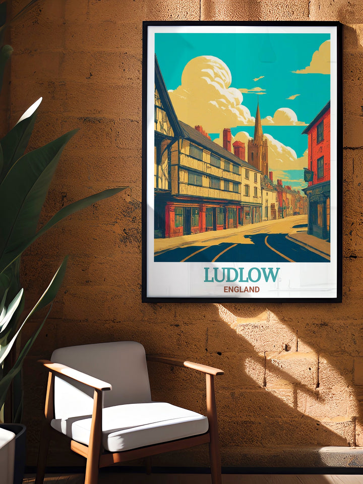 Capture the essence of Ludlow with this Broad Street travel poster. The detailed artwork features iconic buildings from this charming English town, bringing a touch of history and beauty to your walls.