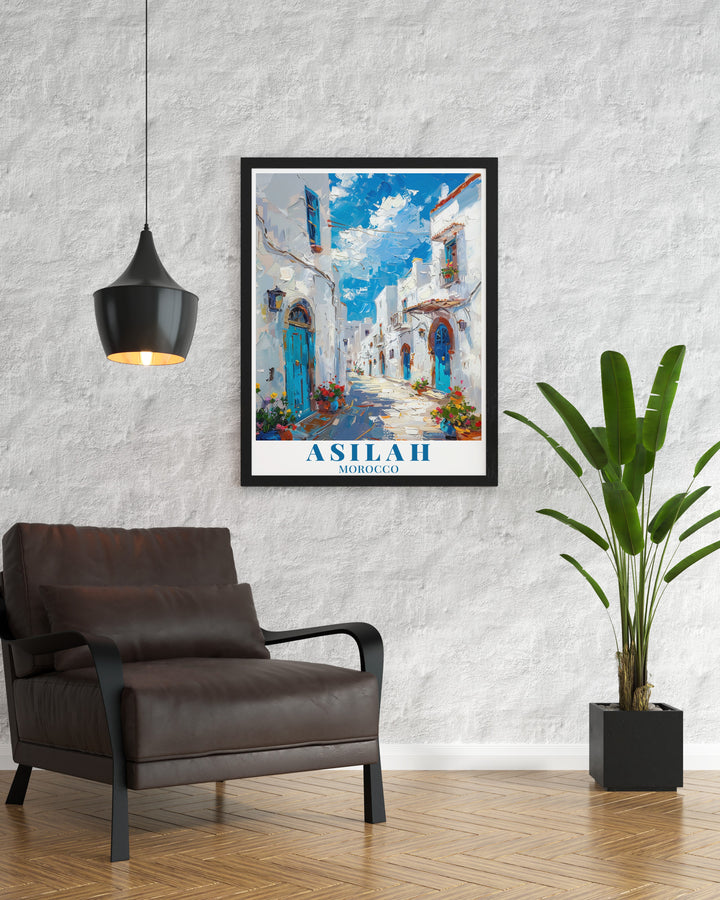 Moroccan Art Print of Asilah A vibrant depiction of Asilahs medina and coastline, this Moroccan art print captures the towns essence through fine detail and lively colors. The art reflects both the cultural significance of the towns architecture and its serene coastal atmosphere, making it perfect for anyone looking to bring a piece of Moroccan heritage into their home. The print is a celebration of Moroccos beautiful and historic coastal towns.