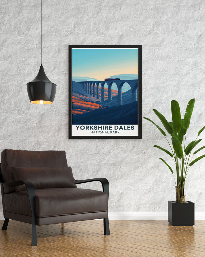 The Ribblehead Viaduct artwork showcases the scenic landscapes of the Yorkshire Dales a perfect piece of wall art for those who love the outdoors and the beauty of the UK countryside.
