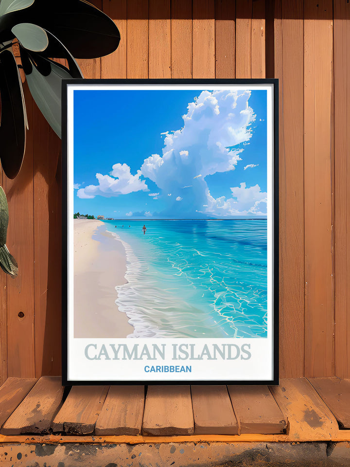 Captivating Seven Mile Beach poster highlighting the scenic landscapes of the Cayman Islands perfect for creating a tranquil ambiance in your living space and available as a travel poster print or personalized gift