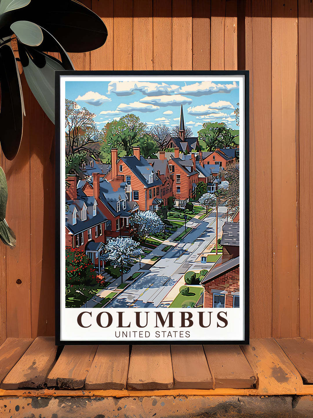 German Village and Columbus cityscape featured in this vintage travel print. This stunning Ohio poster is perfect for those looking to add modern art to their home decor while celebrating the charm of Columbus and its historic neighborhoods.