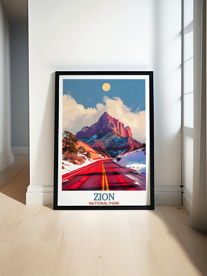 Zion Canyon Scenic Drive Modern art print featuring the breathtaking landscapes of Zion National Park. Ideal for adding elegance to your home and perfect as a gift for travel enthusiasts.