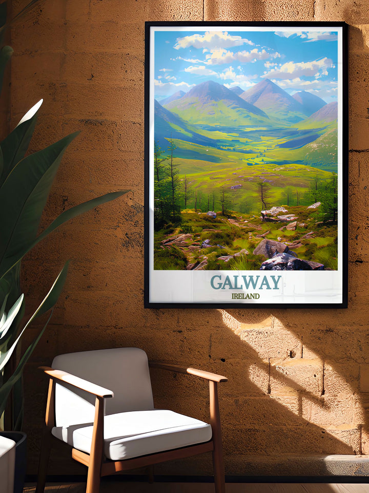 This travel poster of Connemara National Park features the parks diverse landscapes, from towering mountains to peaceful lakes. Ideal for nature enthusiasts, this artwork captures the essence of Irelands natural beauty and rugged charm.