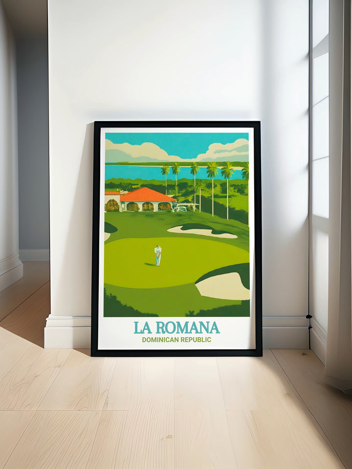 Vibrant imagery of Teeth of the Dog Golf Course in La Romana showcases the lush greens and Caribbean coastline, making it an ideal art piece for golf lovers and those who cherish tropical scenery.