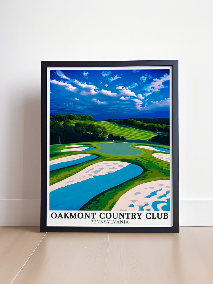 Pennsylvania art at its finest with this Oakmont print featuring the challenging Church Pew Bunker and Par 3 hole perfect for golf enthusiasts and art lovers alike this Pittsburgh print brings the essence of the course into your home