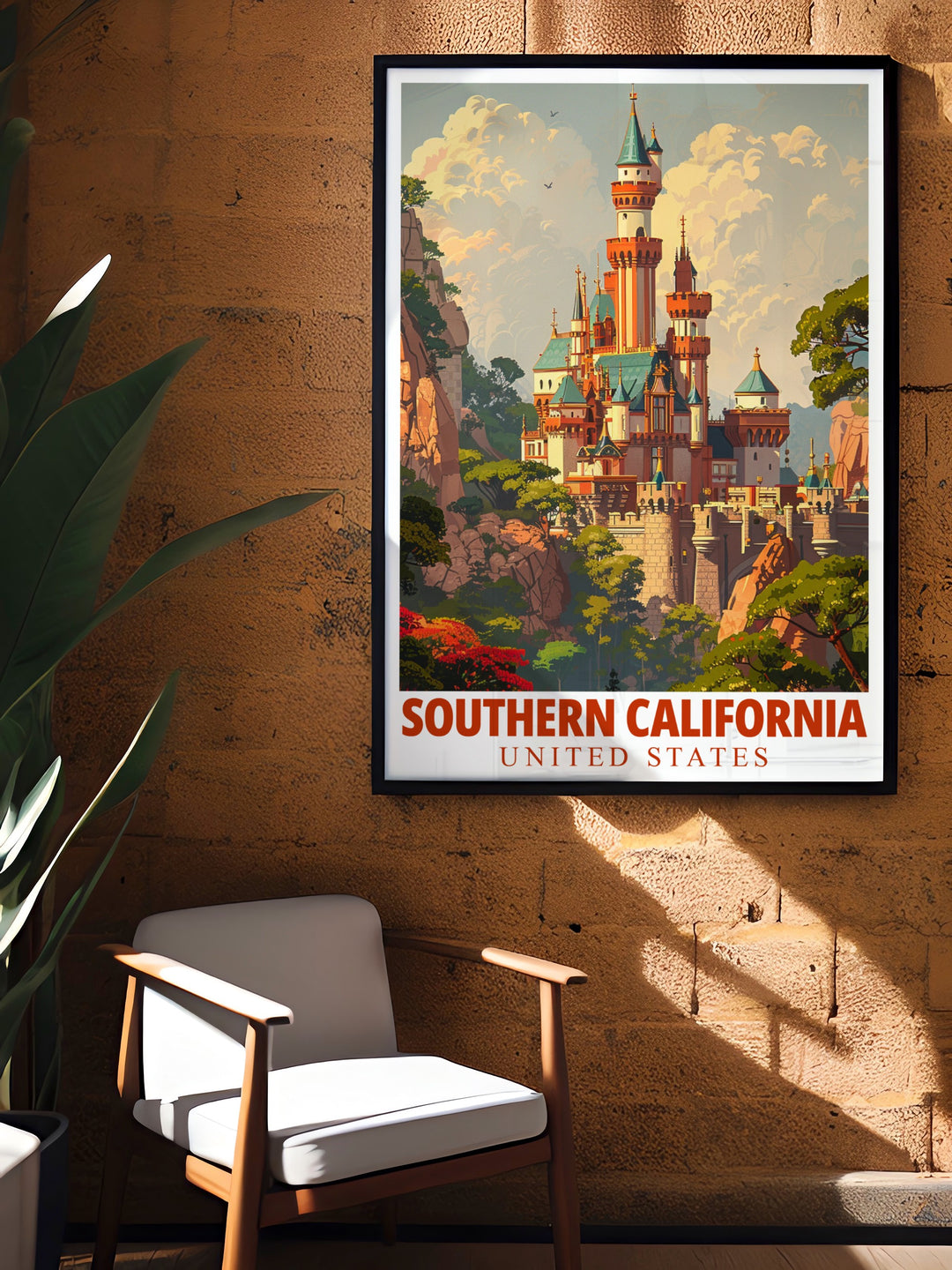 A colorful travel print of Southern Californias Sleeping Beauty Castle, showcasing its fairy tale charm and detailed design. Ideal for fans of Disney and travel, this poster is perfect for adding whimsy to your home décor.