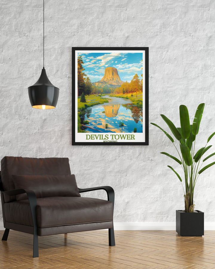 Enhance your space with a stunning Devils Tower art print featuring the tranquil Belle Fourche River. This Wyoming wall art brings the striking landscape of Devils Tower and the peaceful river together for a perfect combination of nature and travel themed decor.