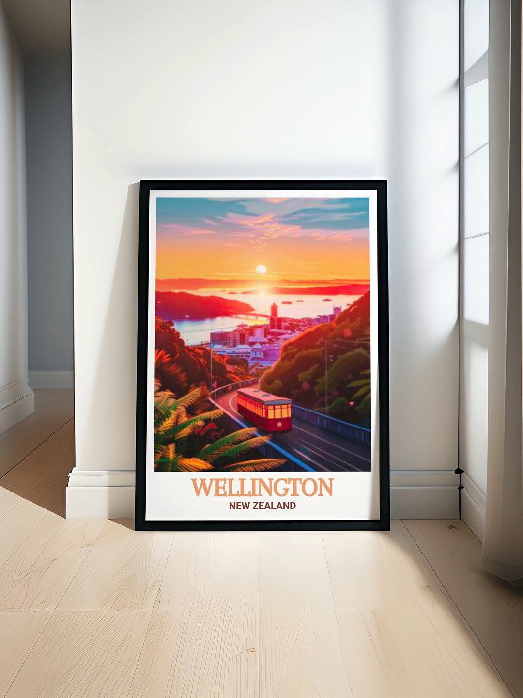 Wellington Cable Car framed art capturing the vintage charm of this historical mode of transport. This vintage style New Zealand poster is ideal for those who love the combination of history and modern design in their artwork.