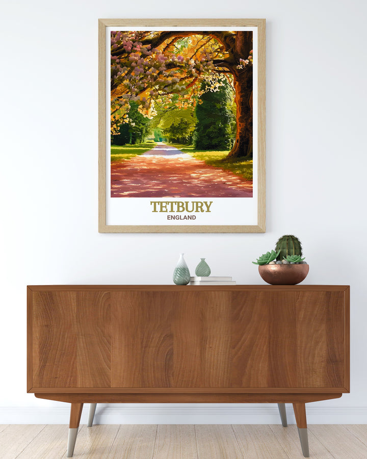 A detailed art print capturing the essence of Tetburys historical landmarks, paired with the vibrant greenery of Westonbirt Arboretum. Ideal for adding a touch of English charm to your space.