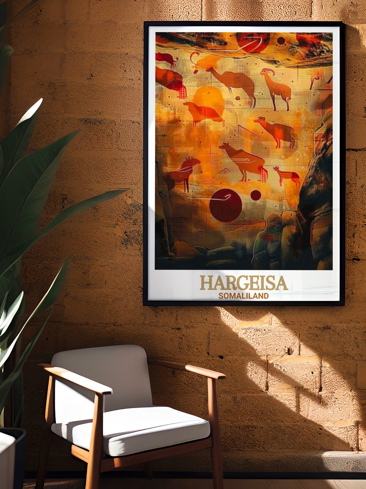 The Somaliland canvas art showcases both the bustling cityscape of Hargeisa and the timeless beauty of Laas Geel Rock Art. This travel poster is perfect for anyone who appreciates the blend of modern and ancient influences in African art.