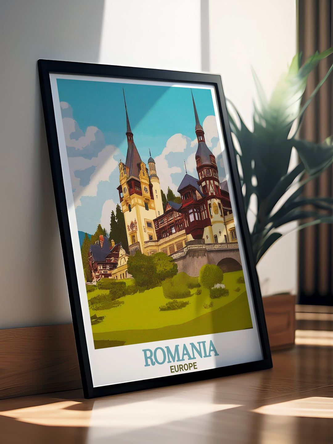 A beautifully detailed poster print featuring Peleș Castle in Romania, showcasing its Neo Renaissance architecture and historical significance. This travel print captures the grandeur of the castle, making it an ideal addition to home decor or as a gift for art and history lovers.