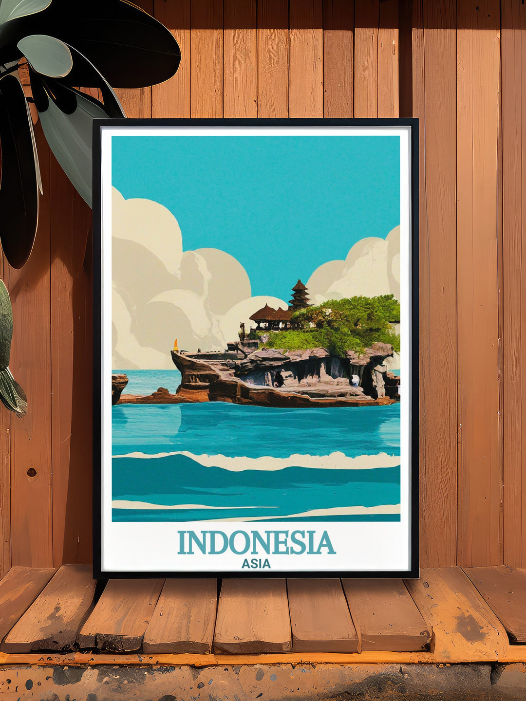 Tanah Lot Temple, one of Balis most famous landmarks, is beautifully depicted in this travel print. Whether for a personal collection or a gift, this Indonesia inspired artwork brings the serenity of the temple and its surroundings to life.