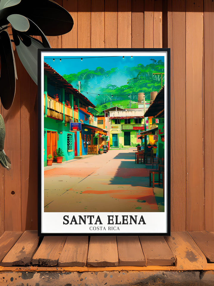 Beautiful Costa Rica decor featuring Monteverde Cloud Forest Reserve and Central Plaza. This Santa Elena art poster adds a touch of nature and culture to any living space making it a great gift or elegant wall art for anyone who loves Costa Rica.