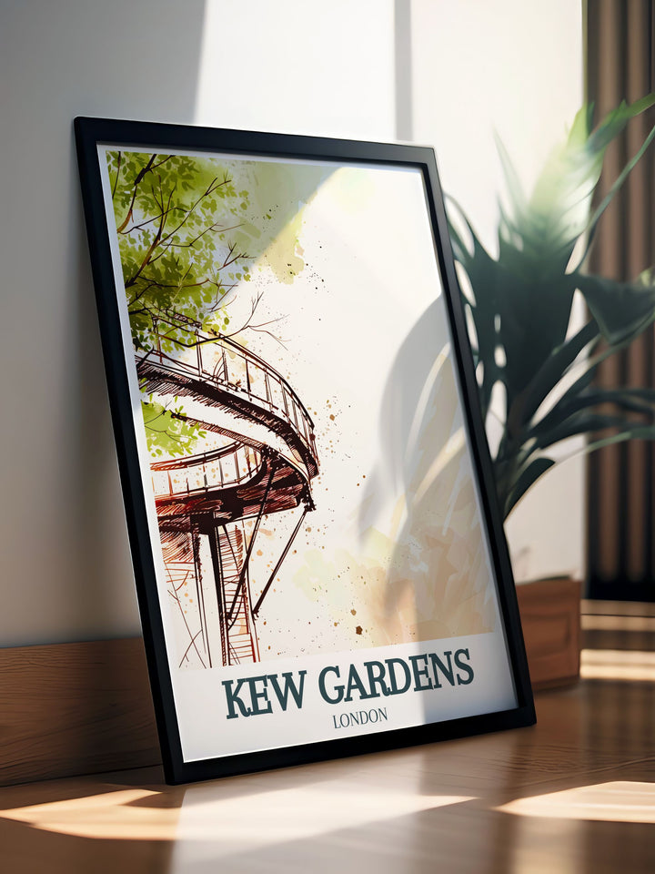 Kew Gardens Framed Art combines the architectural elegance of the Treetop Walkway with the natural beauty of the Arboretum, creating a timeless piece of artwork for your home. This fine line print brings the serene charm of Kew Gardens into any space, perfect for gifting or personal decor.