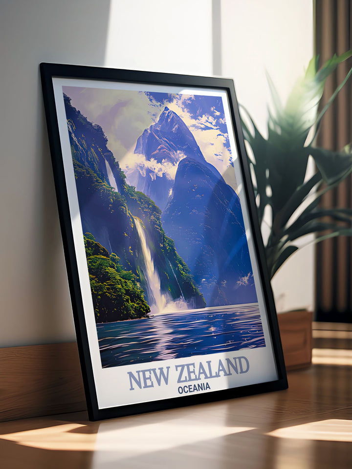 Framed print of New Zealands Milford Sound and Akaroa Lighthouse showcasing the diverse landscapes of this stunning country ideal for adding sophistication to any room or as a thoughtful gift for travel lovers.