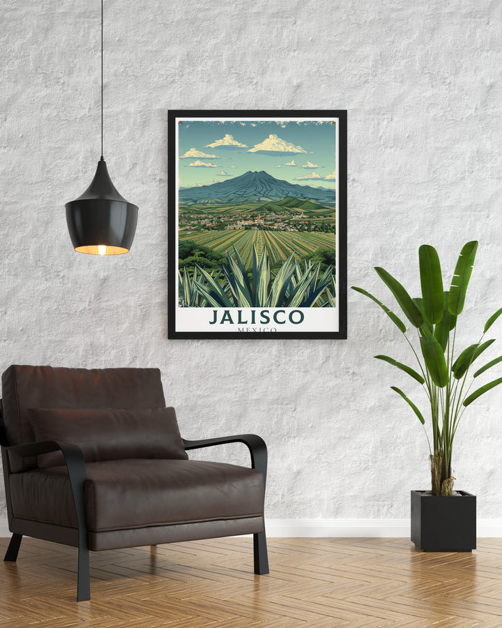 Highlighting the iconic Tequila Landscape, this Jalisco travel print brings the beauty of Mexicos agave fields to life. Ideal for travel enthusiasts and art lovers, this piece adds a touch of Mexican tradition and vibrant color to any room.